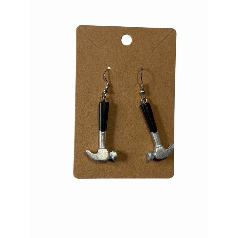 Silver Tone Hammer Charm Earrings Novelty Hardware Tool Drop‎ Earrings
